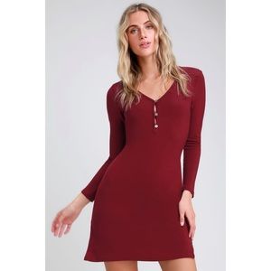 Lulu’s Burgundy Long Sleeve V-Neck Basic Dress NWT